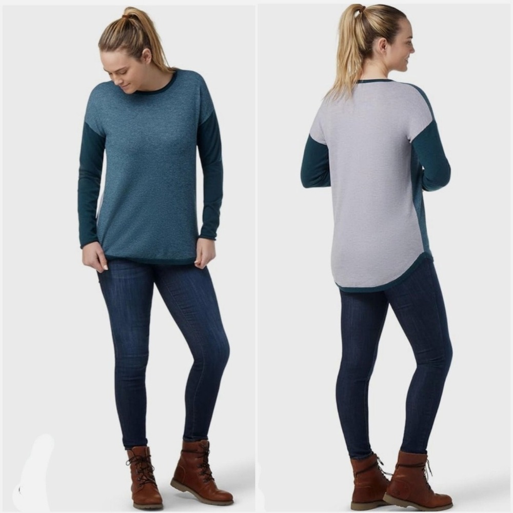 Smart Wool Shadow Pine Colorblock Crew Sweater Lead Heater and Mist Blue Small